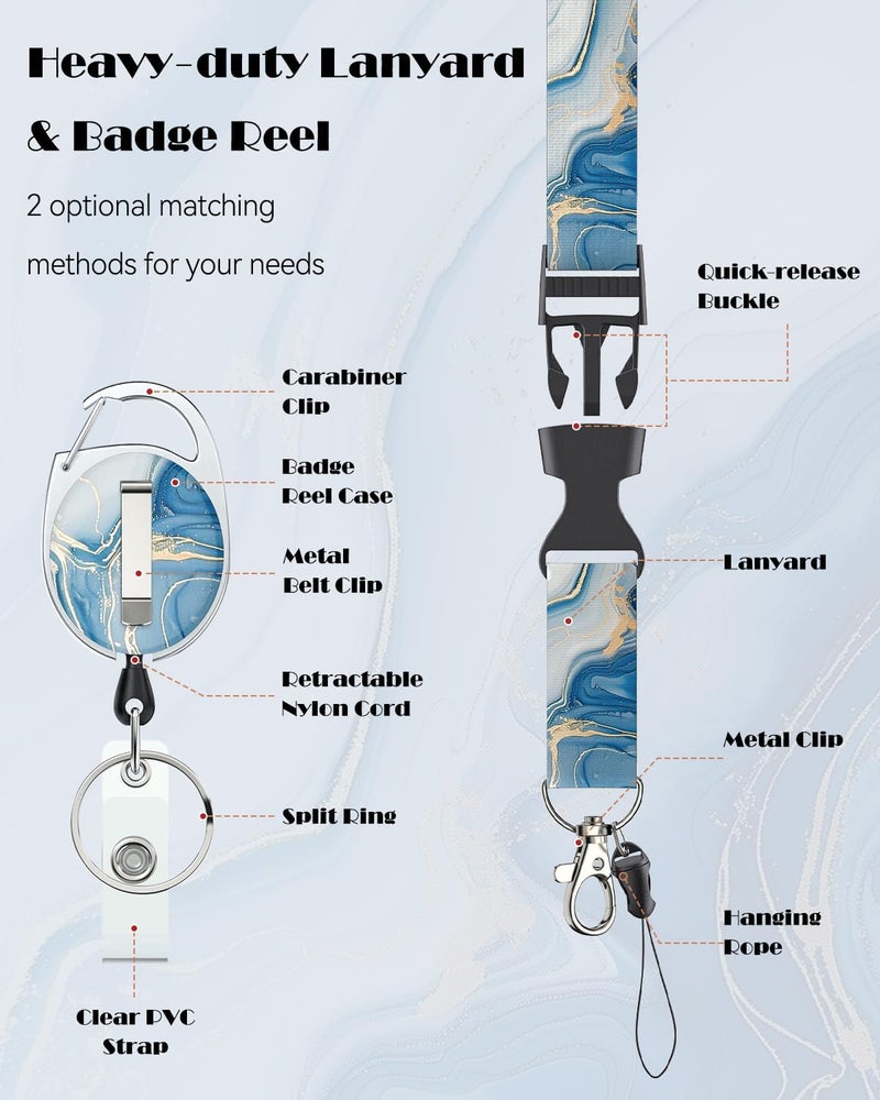 Uniclife Marbling Sliding Badge Holder Blue Marble Pattern Plastic Card Holder with Retractable Badge Reel Carabiner Detachable Lanyard Vertical Card Protector for Office Worker Nurse Teacher Student - Image 5